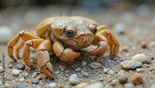 Crab on a sandy beach surrounded by small pebbles