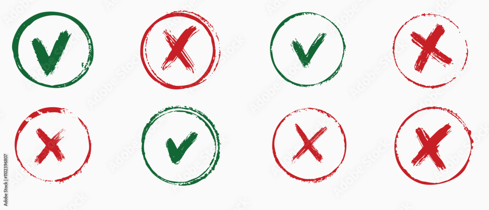 Tick and cross signs, hand drawn brush strokes, vector, isolated. Tick and cross signs, hand drawn brush strokes, vector, isolated.