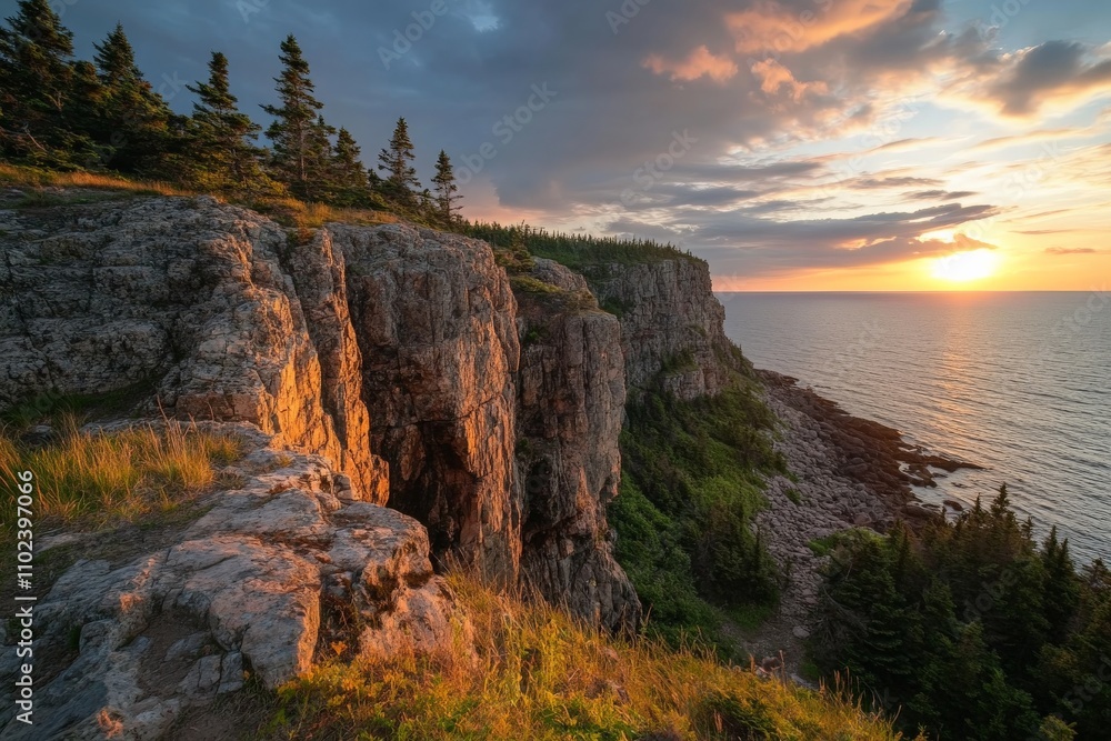Fototapeta premium This image portrays a dramatic cliff landscape with lush trees atop, silhouetted by a vibrant sunset sky, highlighting the striking contrasts and natural beauty.