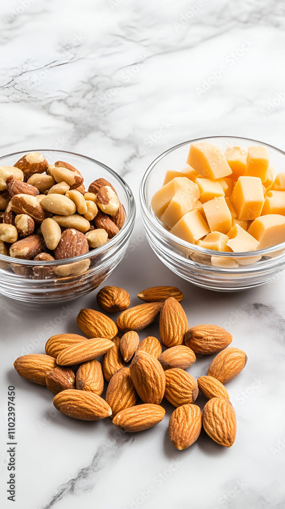 Assorted nuts and cubes of cheese displayed in glass bowls on a marble surface
