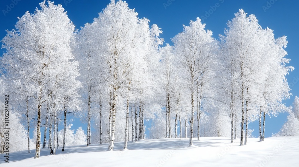 Winter Wonderland A Scenic View of Snow-Covered Birch Trees Under a Bright Blue Sky in Scandinavia Winter Wonderland A Scenic View of Snow-Covered Birch Trees Under a Bright Blue Sky in Scandinavia