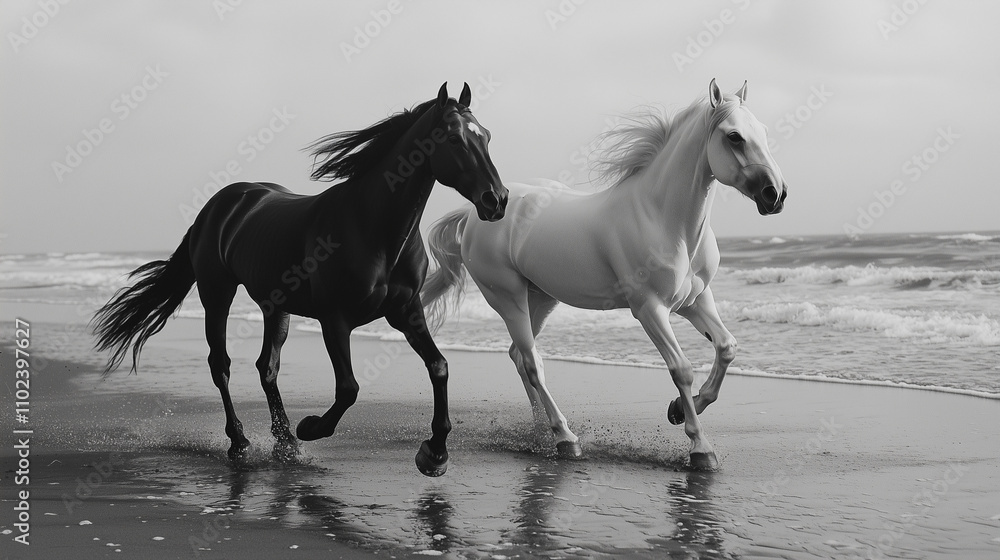 Two horses beautiful black horse and white horse running on the seashore on the island Two horses beautiful black horse and white horse running on the seashore on the island