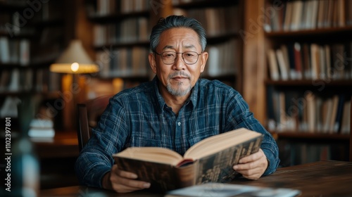 A middle-aged man carefully reads a large book in a quiet library, surrounded by an array of shelves filled with numerous books and warm lighting.