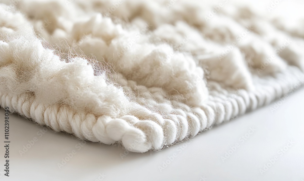 A close-up look at the intricate texture of knitted wool, with subtle details of the fibers highlighted on a minimalist white background A close-up look at the intricate texture of knitted wool, with subtle details of the fibers highlighted on a minimalist white background