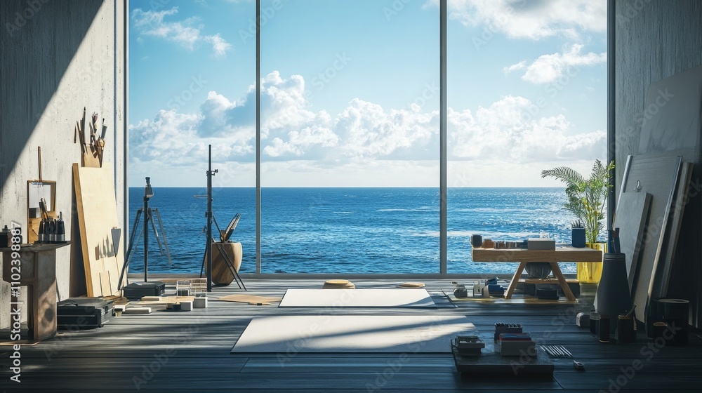 Fototapeta premium An artistic studio with an inspiring backdrop of the ocean seen through panoramic windows