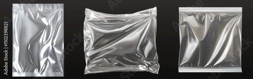 Torn plastic wrap isolated on a transparent background. A collection of cellophane or polyethylene wrapper layouts intended for printing. Polyethylene packaging designed for a CD cover. A modern photo