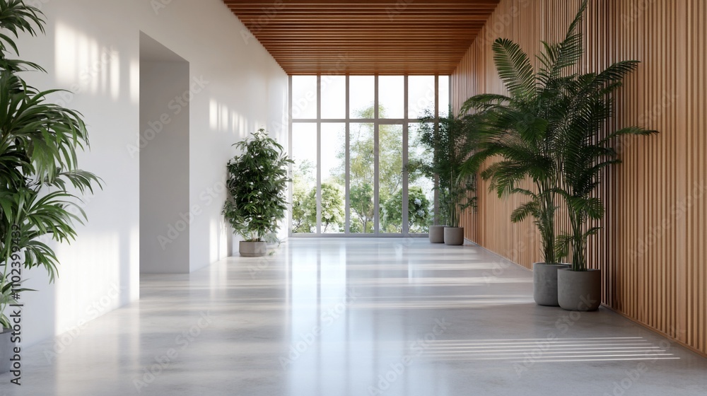 Sunlit minimalist hallway with potted plants, wooden wall, and large windows. Sunlit minimalist hallway with potted plants, wooden wall, and large windows.