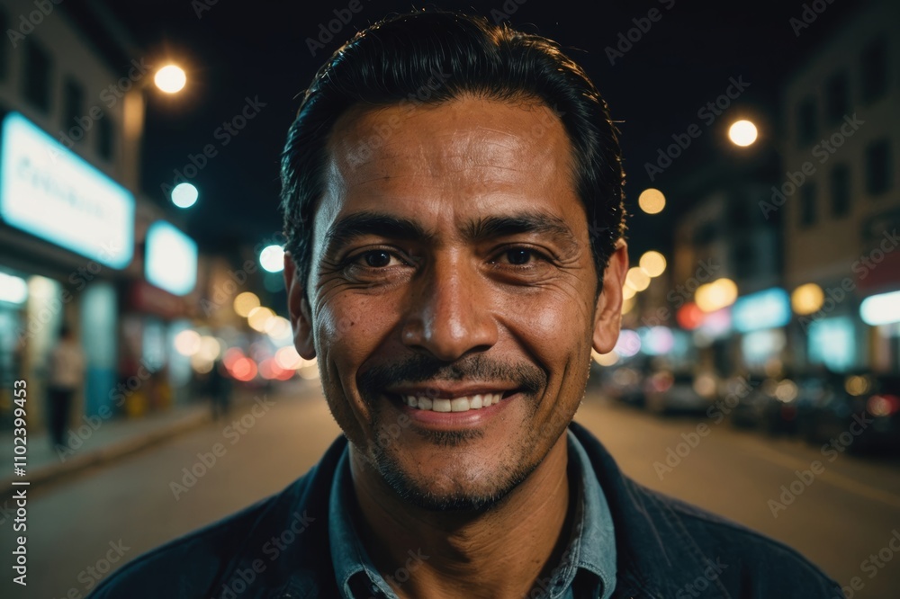 Close portrait of a smiling 40s Guatemalan man looking at the camera, Guatemalan city outdoors at night blurred background Close portrait of a smiling 40s Guatemalan man looking at the camera, Guatemalan city outdoors at night blurred background