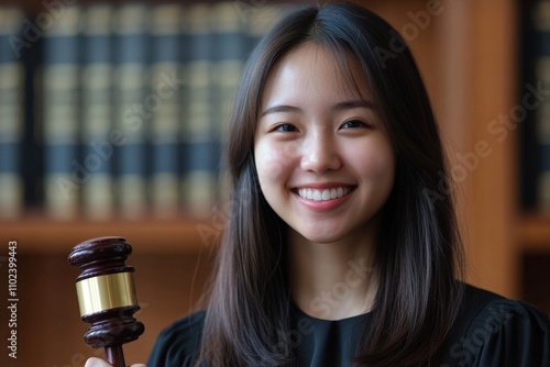 In a law office, a smiling female attorney holds a gavel, standing against a wall of law books, representing legal expertise and confidence in her profession. photo