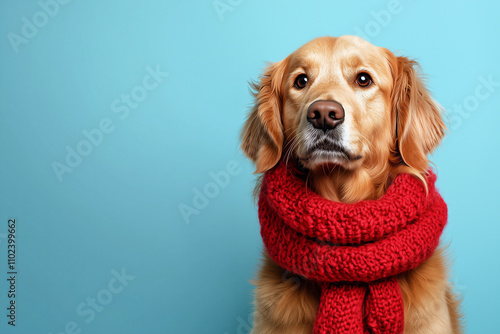 Golden retriever wearing a red knitted scarf, winter fashion for pets, cozy and stylish dog apparel, holiday season theme, pet photography, light blue background, copy space. photo