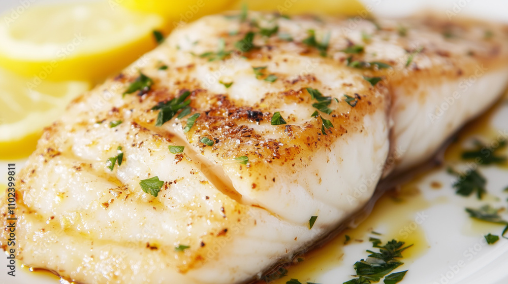 Golden seared fish steak with herbs, Gourmet fish steak served with parsley, Tasty grilled fish and lemon presentation Golden seared fish steak with herbs, Gourmet fish steak served with parsley, Tasty grilled fish and lemon presentation