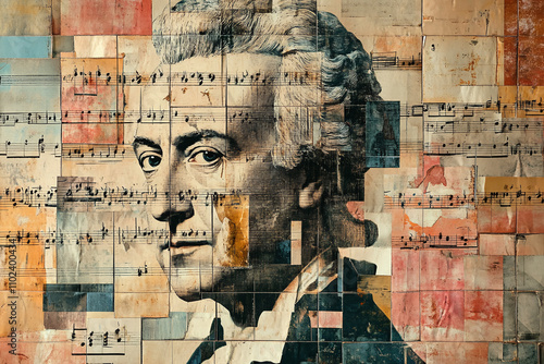 Vintage collage portrait of an older mozart.