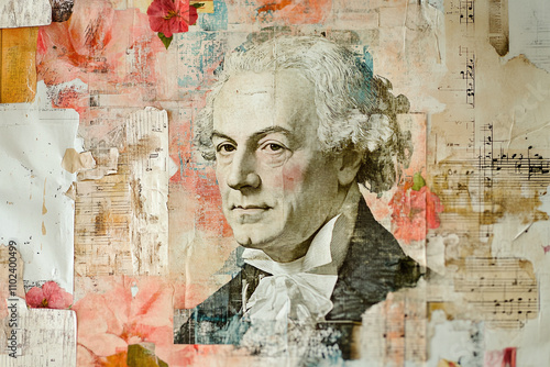 Vintage collage portrait of an older mozart.