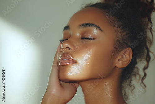 Young brown skin woman cleansing her skin, skincare routine concept, fresh skin, clean, beauty.