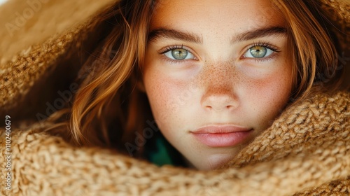 A close-up portrait of a woman's freckled face captured cozily within a warm knit scarf, highlighting her striking green eyes and natural beauty amidst warm tones.