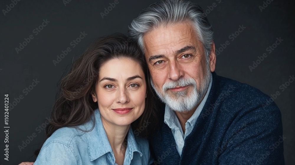 Portrait of an affectionate older couple smiling at the camera in a cozy setting Portrait of an affectionate older couple smiling at the camera in a cozy setting
