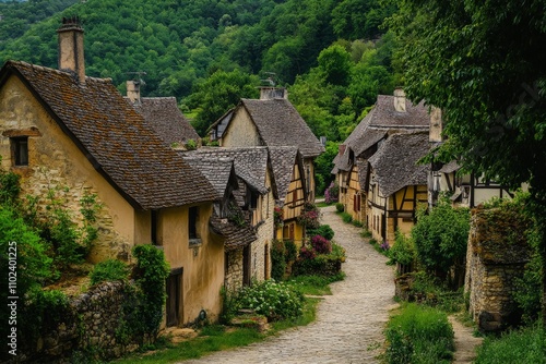 The historic village features cobblestone streets lined with charming stone-built houses, shrouded in greenery that highlights a timeless and quaint atmosphere. photo