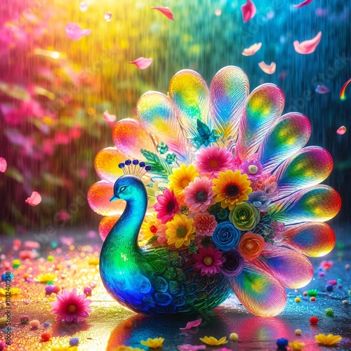 Beautiful peacock with colored feathers made of glass