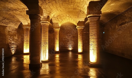 Illuminated underground chamber with stone pillars photo