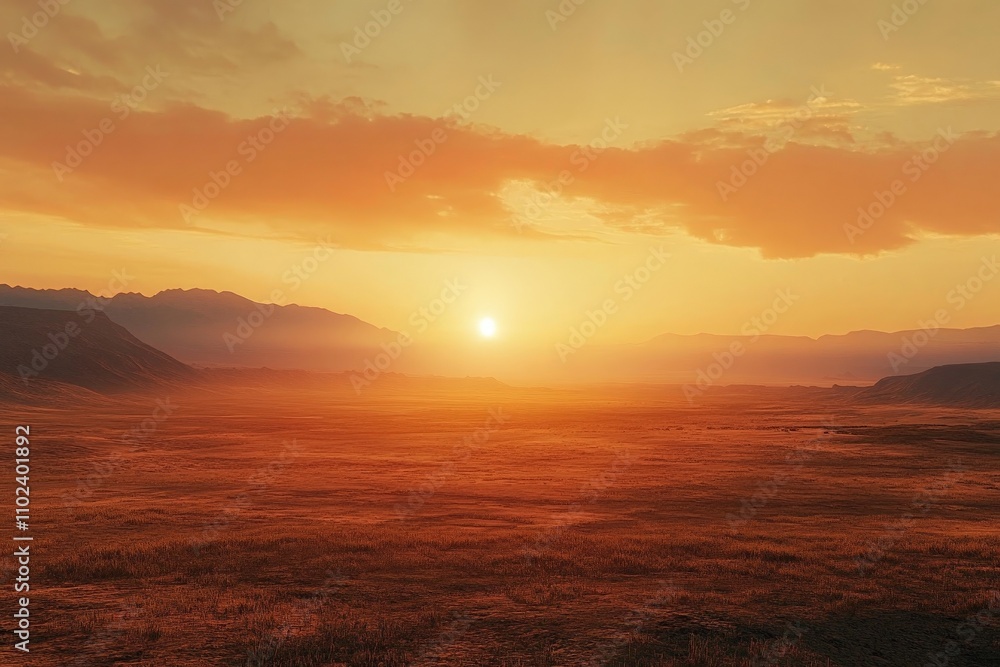 A vast desert expanse stretches out under a golden sunset sky, the sun casting a warm, inviting glow over the wide open and untouched natural terrain. A vast desert expanse stretches out under a golden sunset sky, the sun casting a warm, inviting glow over the wide open and untouched natural terrain.