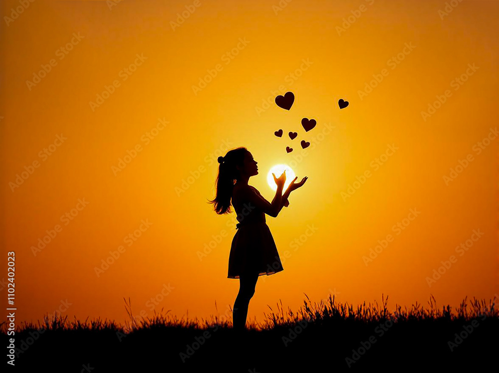 Black silhouette of a little girl blowing hearts on a sunset. Close-up. Black silhouette of a little girl blowing hearts on a sunset. Close-up.