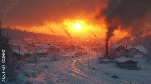 A serene winter landscape at sunset, with smoke rising from homes and a winding snowy road.