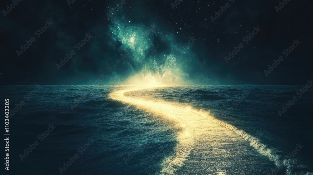 Glowing path across a dark, wavy ocean under a starry night sky. Glowing path across a dark, wavy ocean under a starry night sky.