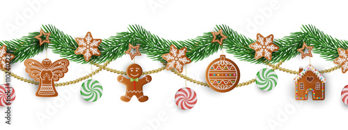 christmas seamless border with pine branches and gingerbreads. christmas garland with cookies and candies