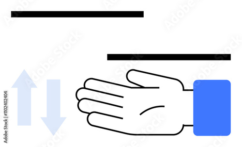 Human hand, parallel lines above, blue sleeve, arrows indicating motion below. Ideal for measuring, gesture, communication, instruction direction spatial understanding interaction. Line metaphor