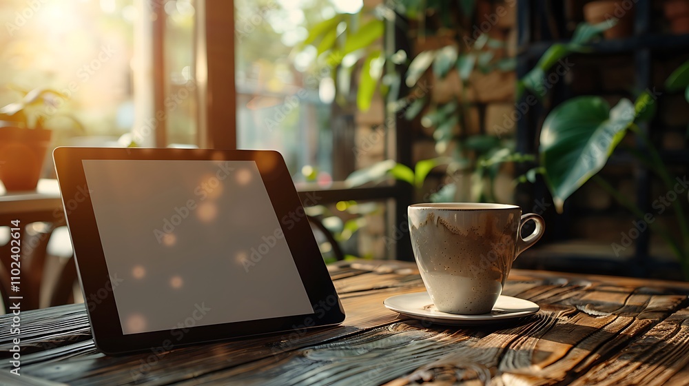 A cozy cafe setting with a tablet computer and a cup of coffee on a wooden table. Sunlight streams through the window, casting a warm glow on the scene.