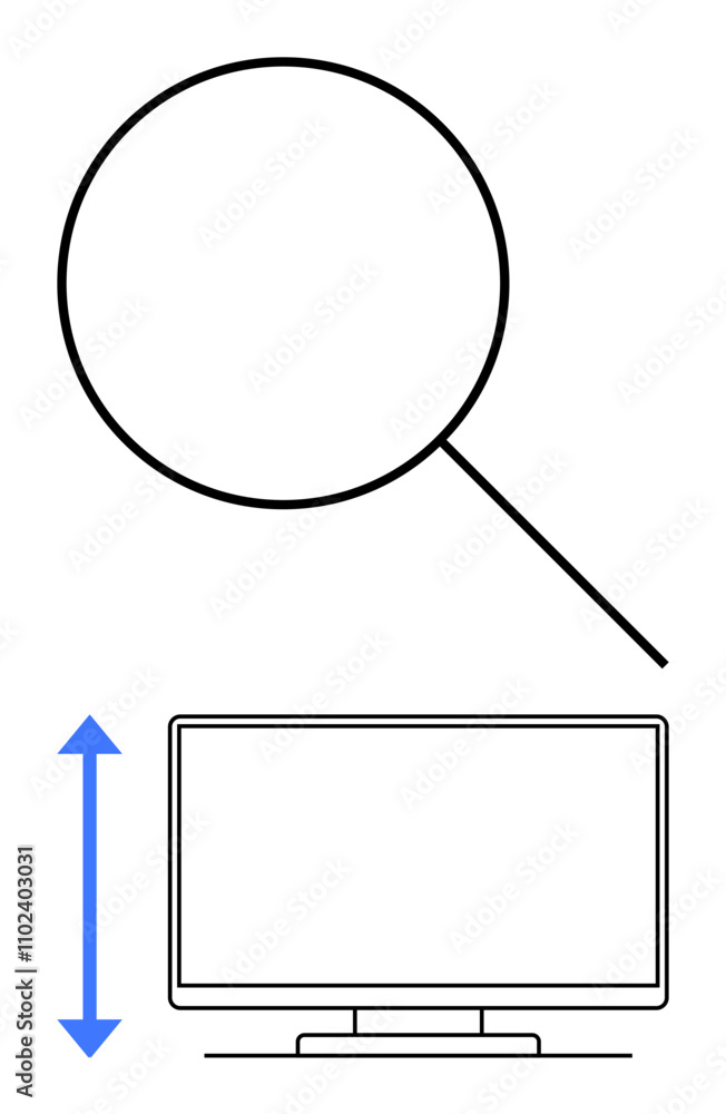 Magnifying glass above a computer monitor with a vertical blue arrow indicating height measurement. Ideal for technology, research, design, analysis, growth, education, science. Line metaphor Magnifying glass above a computer monitor with a vertical blue arrow indicating height measurement. Ideal for technology, research, design, analysis, growth, education, science. Line metaphor
