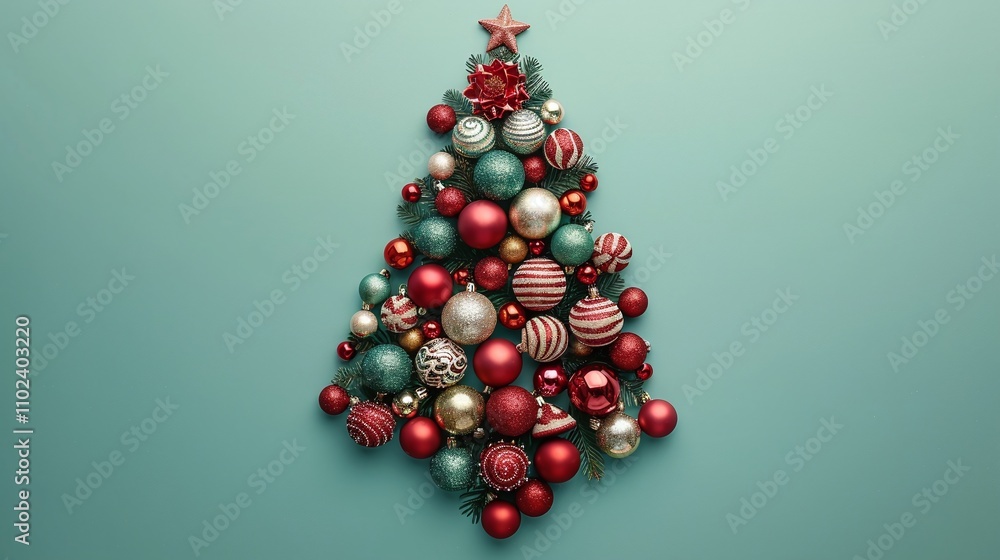 Christmas tree-shaped arrangement, red and green baubles, festive and elegant holiday decoration, modern seasonal design, cheerful celebration decor, teal background
Christmas tree-shaped arrangement, red and green baubles, festive and elegant holiday decoration, modern seasonal design, cheerful celebration decor, teal background
