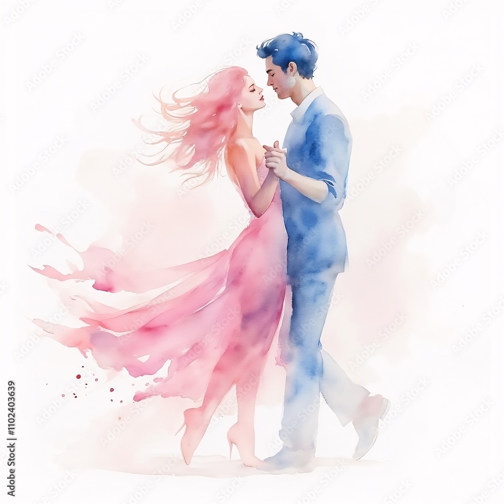 Couple dancing passionately in a romantic embrace with soft watercolor effects Couple dancing passionately in a romantic embrace with soft watercolor effects
