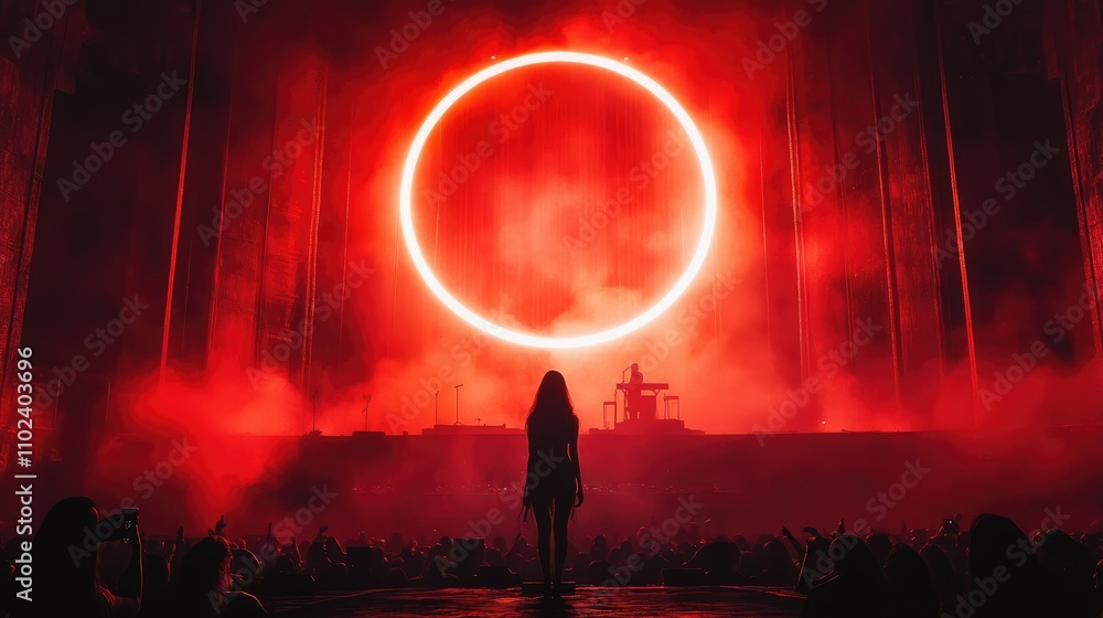 Naklejka premium A silhouetted figure stands before a massive red circle in a vibrant concert atmosphere.