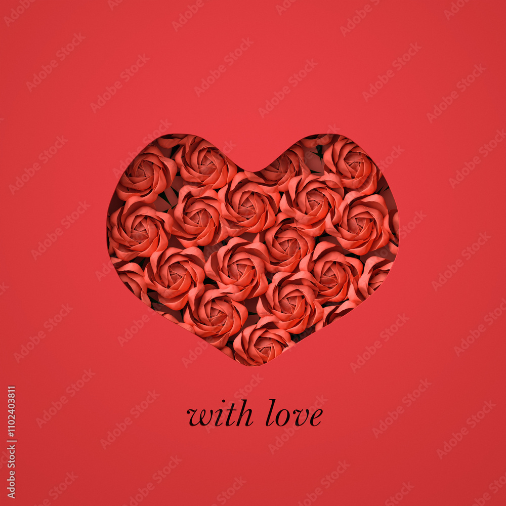 Paper Cut Out Happy Valentines Day Illustration with heart shape frame and rose blooms. 3d render Paper Cut Out Happy Valentines Day Illustration with heart shape frame and rose blooms. 3d render