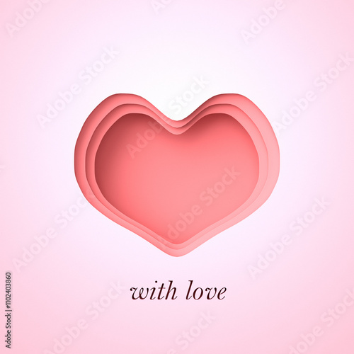 Paper Cut Out Happy Valentines Day Illustration with heart shape frame. 3d render