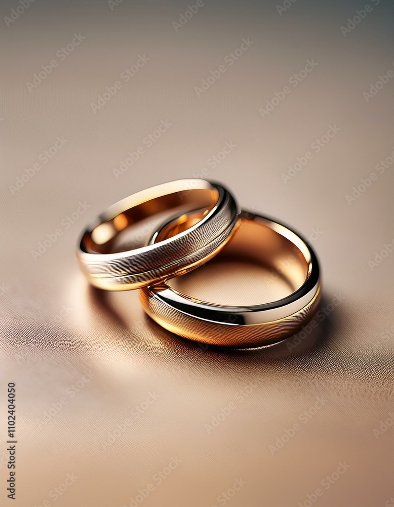 Two wedding rings, gold and silver, rest on a soft, rose-gold surface. Symbol of commitment and love. Two wedding rings, gold and silver, rest on a soft, rose-gold surface. Symbol of commitment and love.