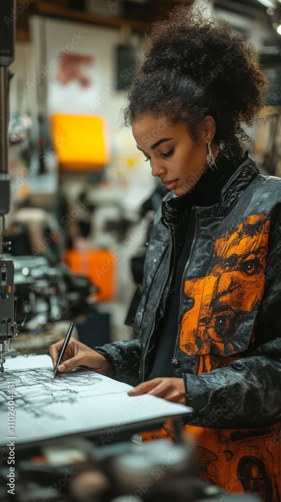 A young woman sketches in a vibrant workshop. A young woman sketches in a vibrant workshop.