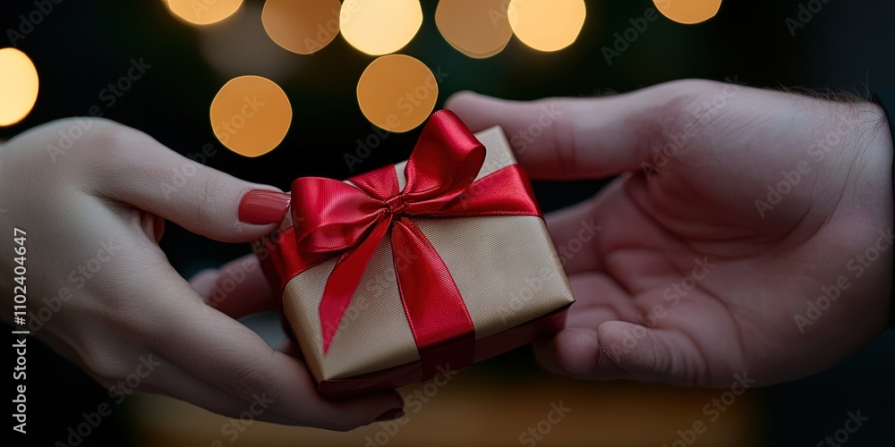 man gifts a woman with a gift wrapped in ribbon and bow man gifts a woman with a gift wrapped in ribbon and bow