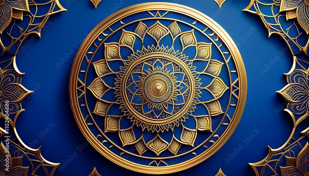Intricate gold mandala design on a rich blue background. Intricate gold mandala design on a rich blue background.