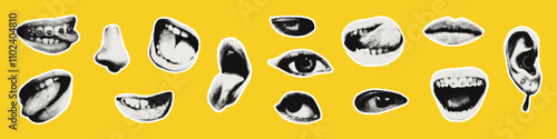 Trendy halftone collage face elements set isolated on bold background. Grunge punk cut out crazy mouths, eyes, pierced ear and nose. Torn paper stickers. Modern retro vector illustration