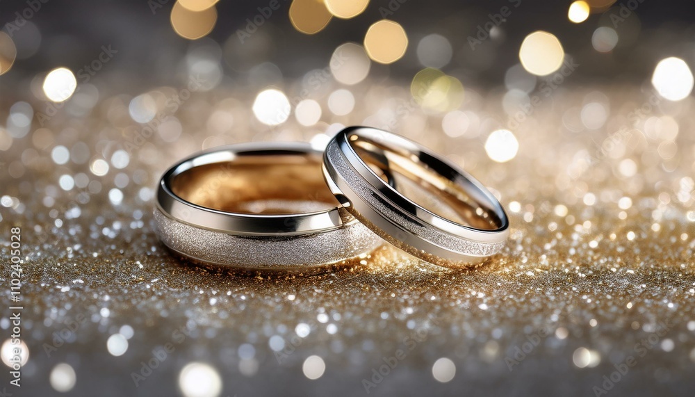 Two wedding rings rest on a sparkling background. Two wedding rings rest on a sparkling background.