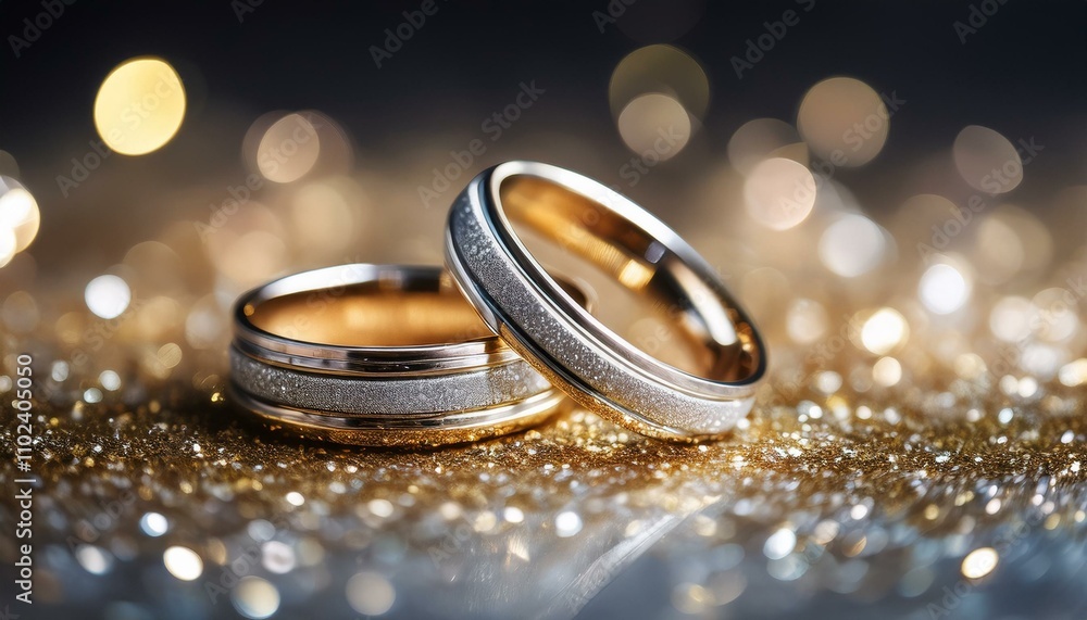 Two gold wedding bands sparkle on a shimmering background. Two gold wedding bands sparkle on a shimmering background.