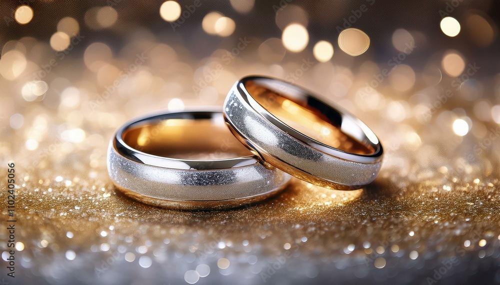 Two wedding rings rest on a sparkly gold surface. Two wedding rings rest on a sparkly gold surface.
