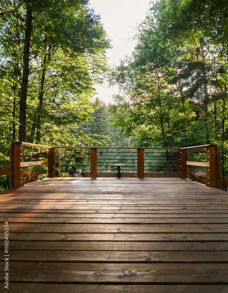 Wooden deck overlooking a lush green forest. Tranquil scene. Wooden deck overlooking a lush green forest. Tranquil scene.