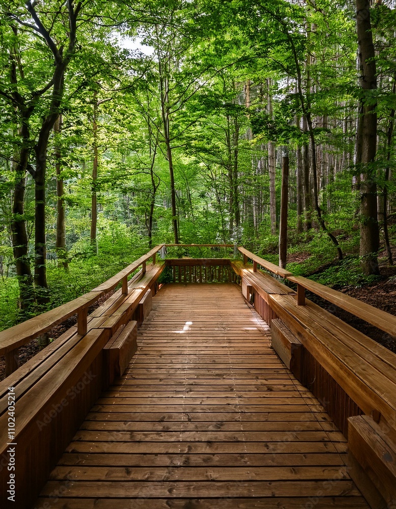Wooden walkway through a lush green forest. Tranquil nature scene. Wooden walkway through a lush green forest. Tranquil nature scene.