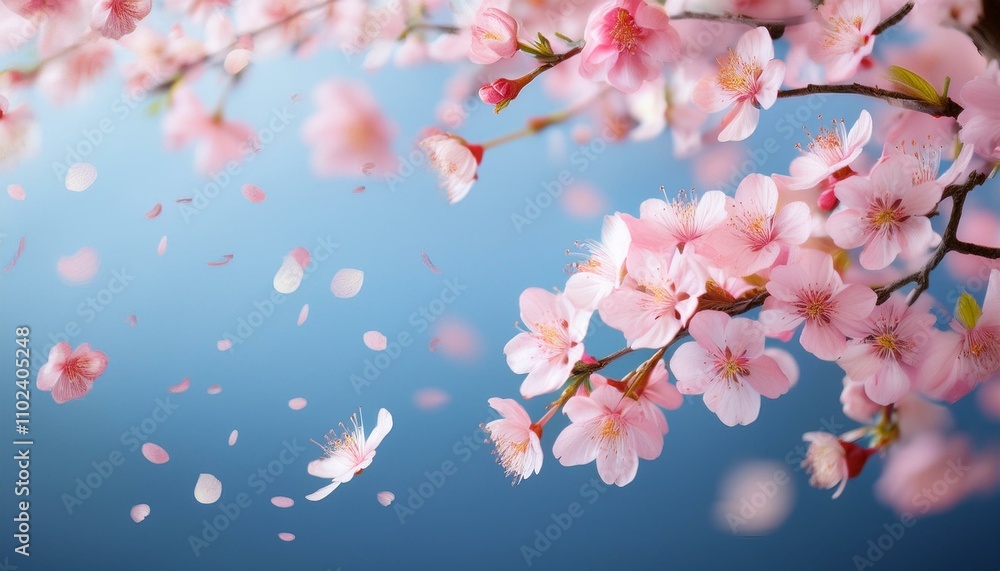 Delicate pink cherry blossoms falling against a soft blue sky. Delicate pink cherry blossoms falling against a soft blue sky.