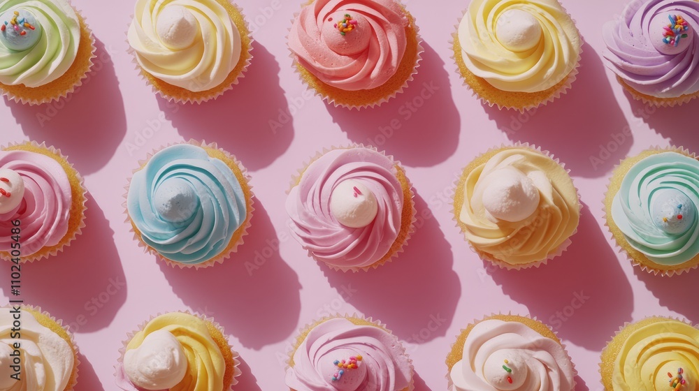 Vibrant Cupcake Delight: Colorful Frosting and Sprinkles on Pastel Background Vibrant Cupcake Delight: Colorful Frosting and Sprinkles on Pastel Background