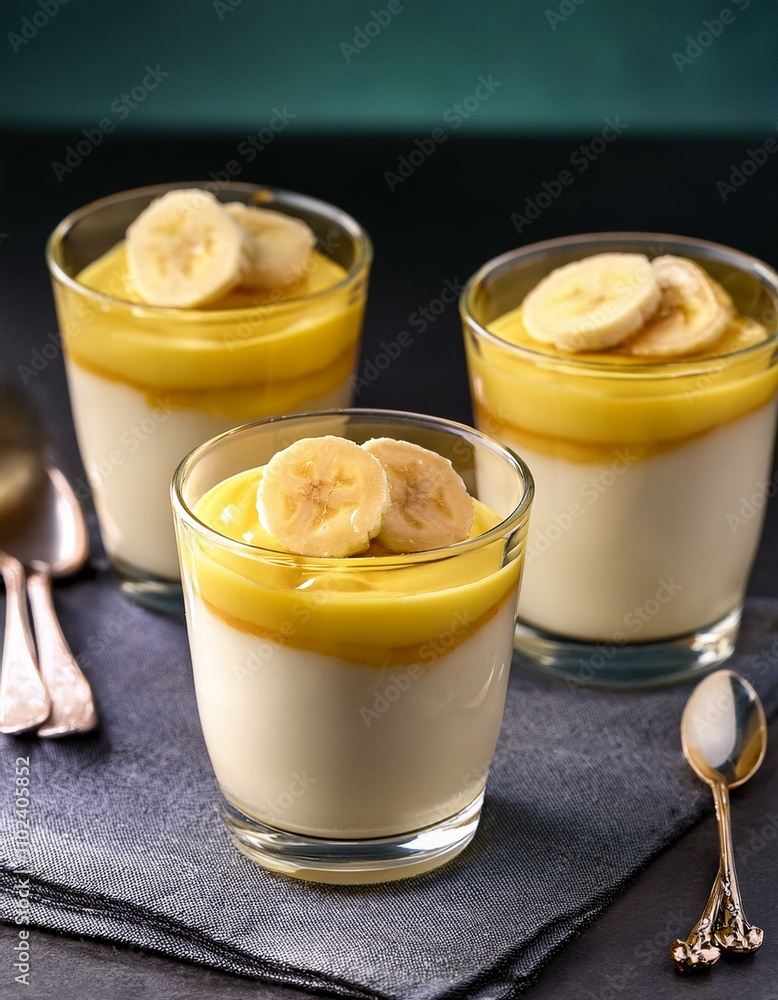 Creamy banana dessert in glasses, topped with a delicious yellow sauce. Creamy banana dessert in glasses, topped with a delicious yellow sauce.