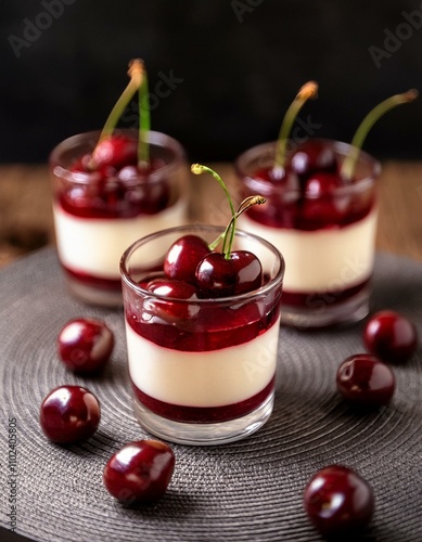 Wallpaper Mural Three creamy panna cotta desserts, topped with fresh cherries. Torontodigital.ca